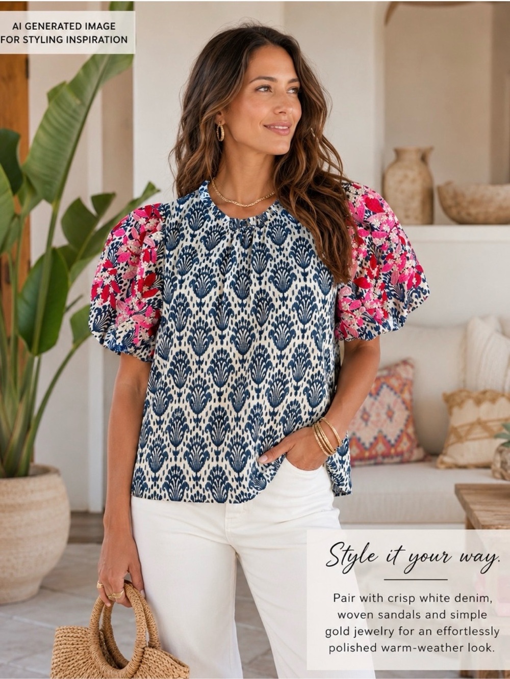 THML Navy Patterned Top with Pink Floral Puff Sleeves